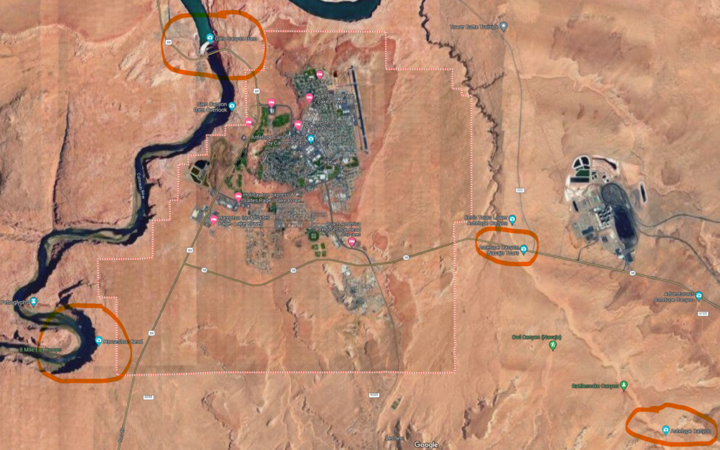 Highlighted Attractions on Map of Page, AZ