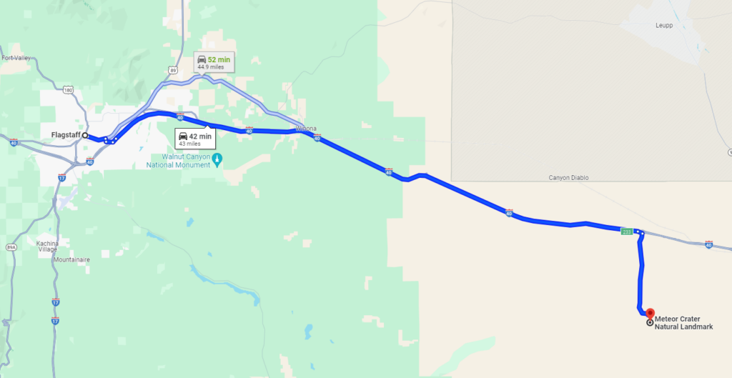 Map of Flagstaff to the Meteor Crater