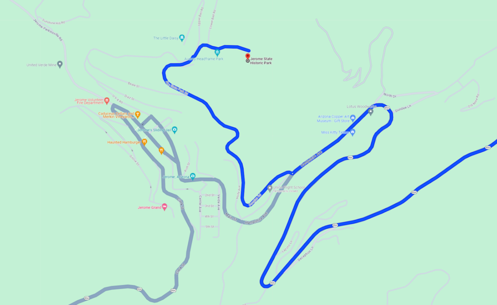 Map to Jerome State Mining Park at the historic Douglas Mansion