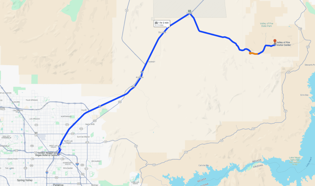 Map from Las Vegas Strip to Valley of Fire State Park