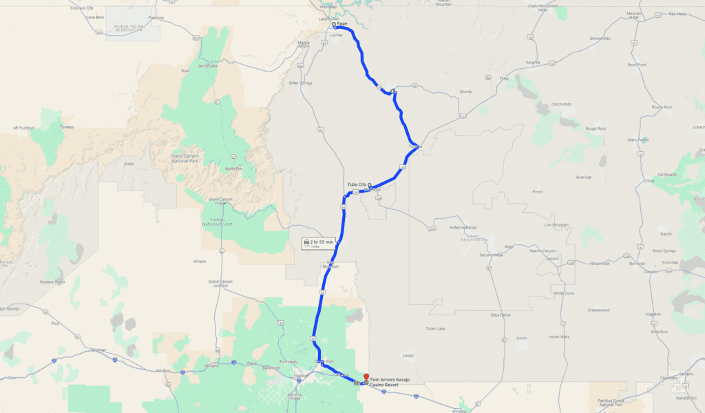 Map of Page to Twin Arrows Navajo Casino and Resort Trip