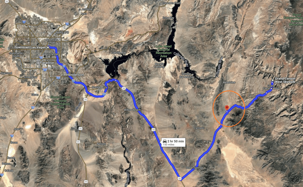 Map of The Grapevine Mesa Joshua Tree Park in relation to Las Vegas and Grand Canyon West Rim